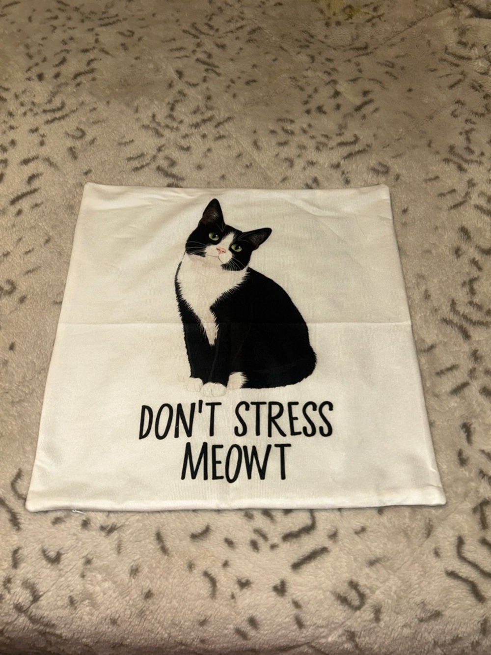 Don't Stress Meowt Cat Decorative Throw Pillow Cover - White with Black Cat